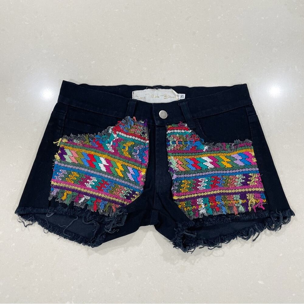 Jen's Pirate Booty Woven Colorful Mayan Huipil Guipil Black Jean Shorts 25